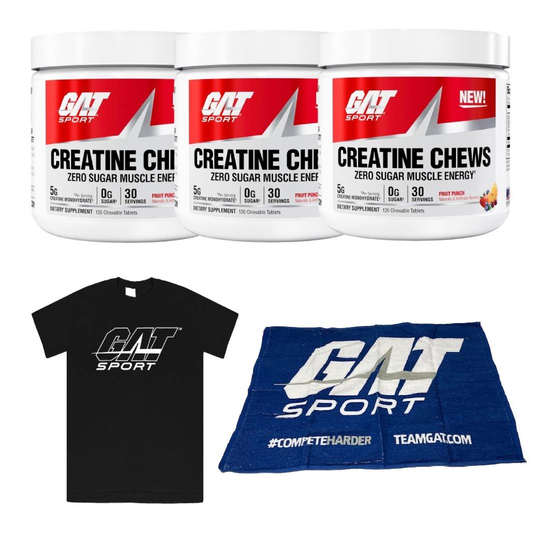 GAT Creatine Chews 30 Servings 3 Pack Fruit Punch + (Towel & XL Black T Shirt)