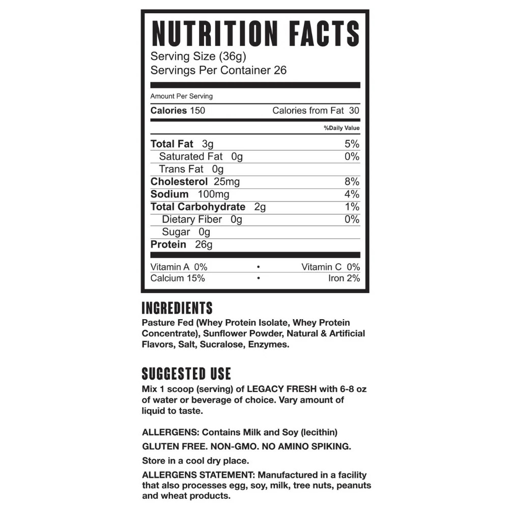 Legacy Fresh Whey Protein 2lb/5lb Pasture Fed 26g Protein Muscle Recovery