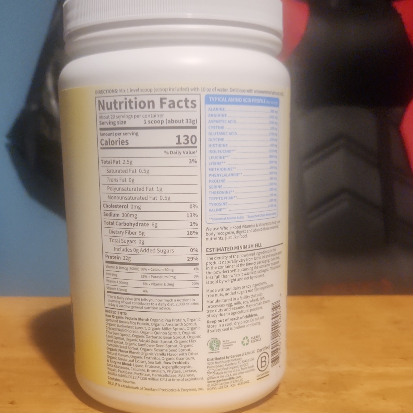 Garden of Life Raw Organic Plant-Based Protein Vanilla 20 Servings