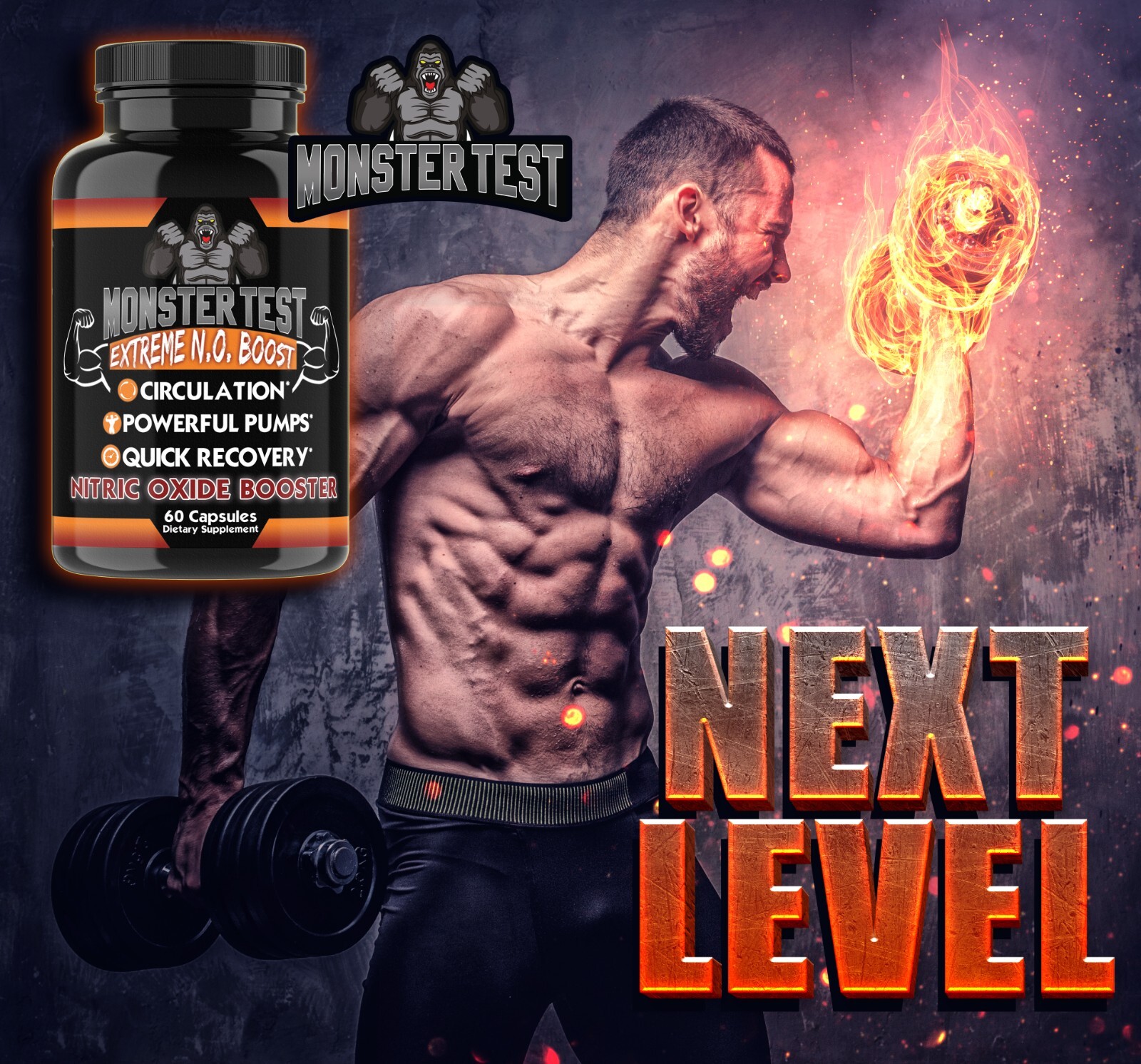 Monster Test Nitric Oxide Pre Workout Booster, Circulation, Recovery, Energy 1PK