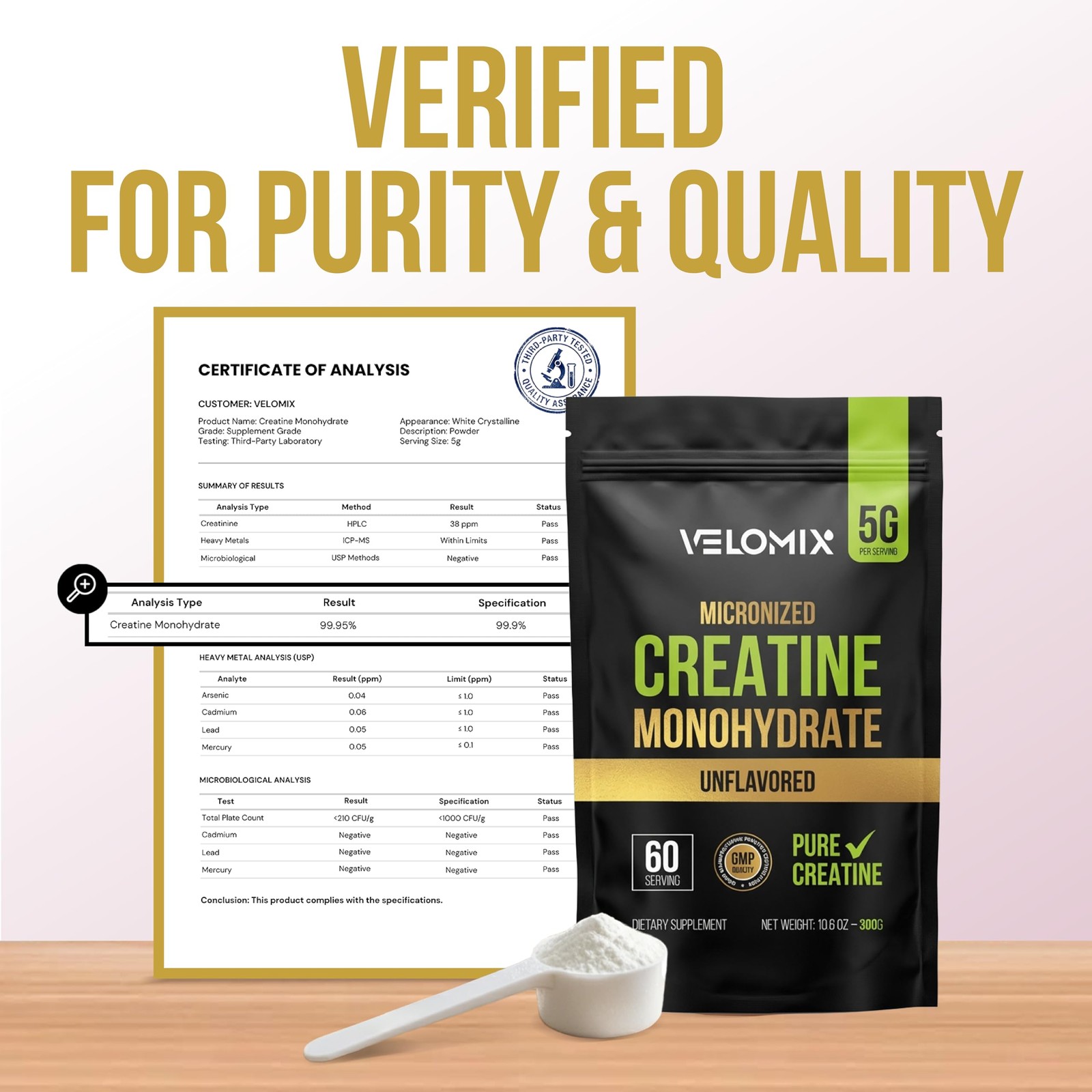 VELOMIX Pure Micronized Unflavored Creatine Monohydrate Powder 60 Servings