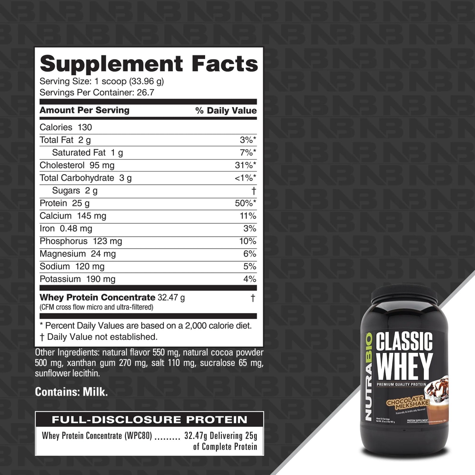 Whey Protein Powder 25G Per Scoop 2 Pound Chocolate Milkshake NutraBio Classic