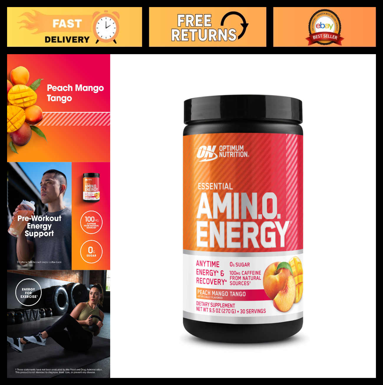 Amino Energy Powder – Peach Mango Tango, Pre-Workout, BCAA, Keto Friendly, 30 Se