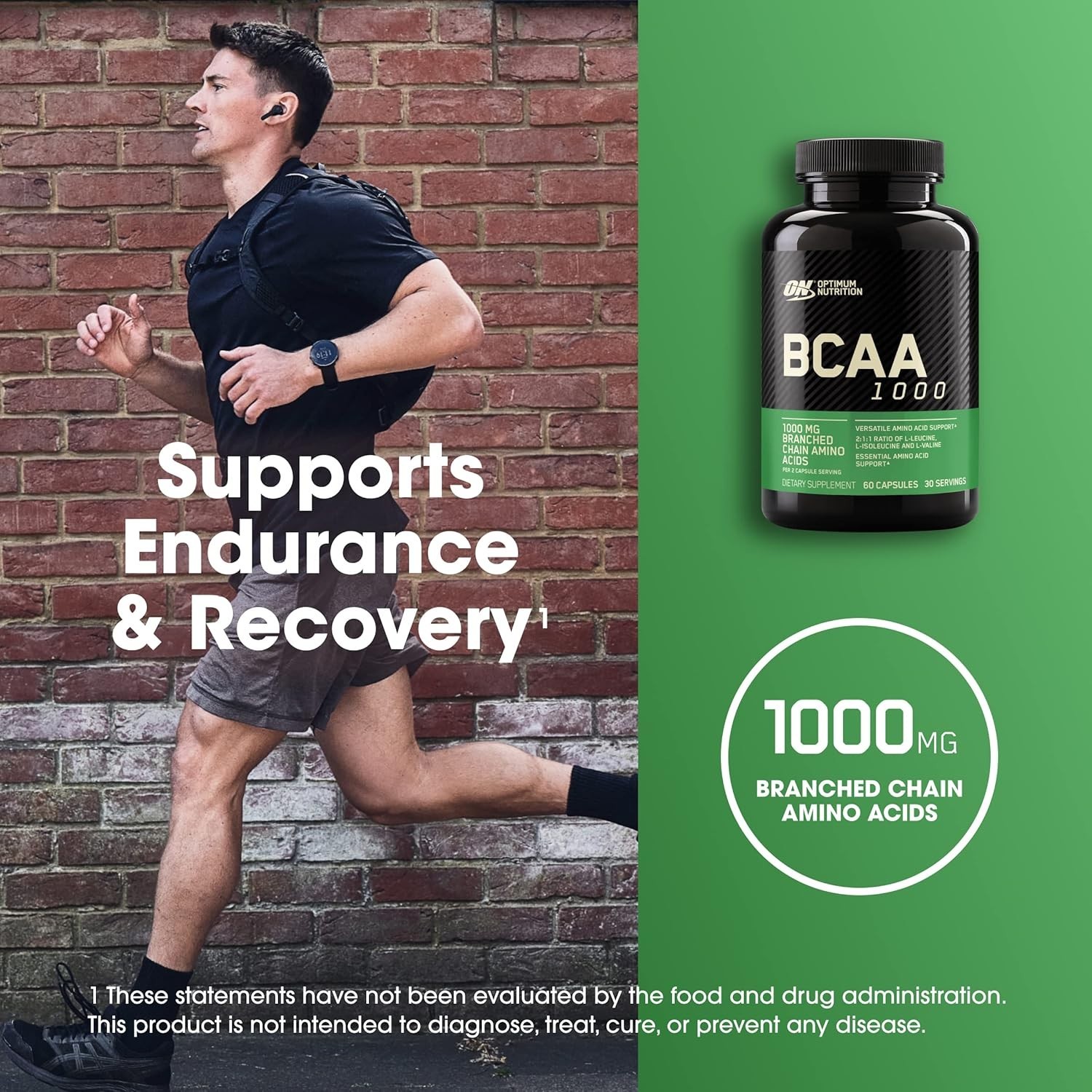 Optimum Nutrition BCAA 1000, 1,000 mg, 60 Capsules (500 mg per Capsule)