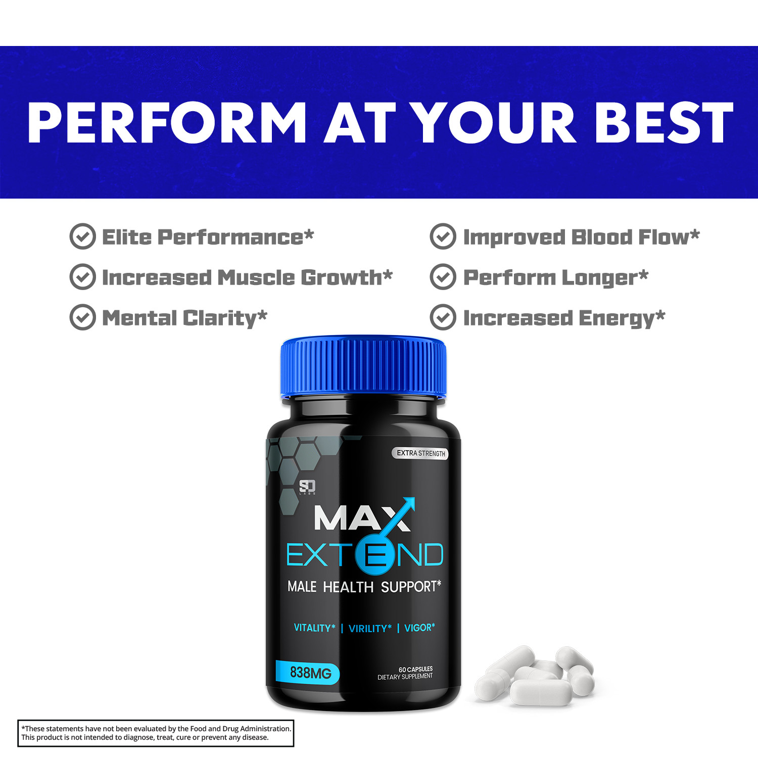 Max Extend Male Health Support Pills to Boost Vitality Virility Vigor 1 Pack