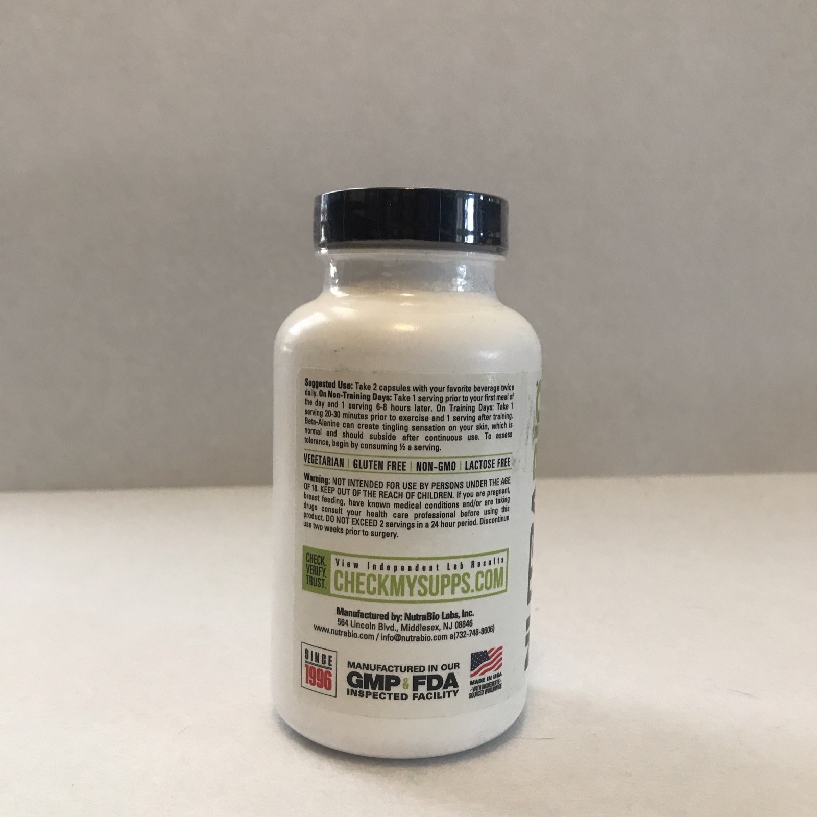 NutraBio Beta-Alanine Amino Acid 120 Capsules Vegetarian Gluten-Free Non-GMO