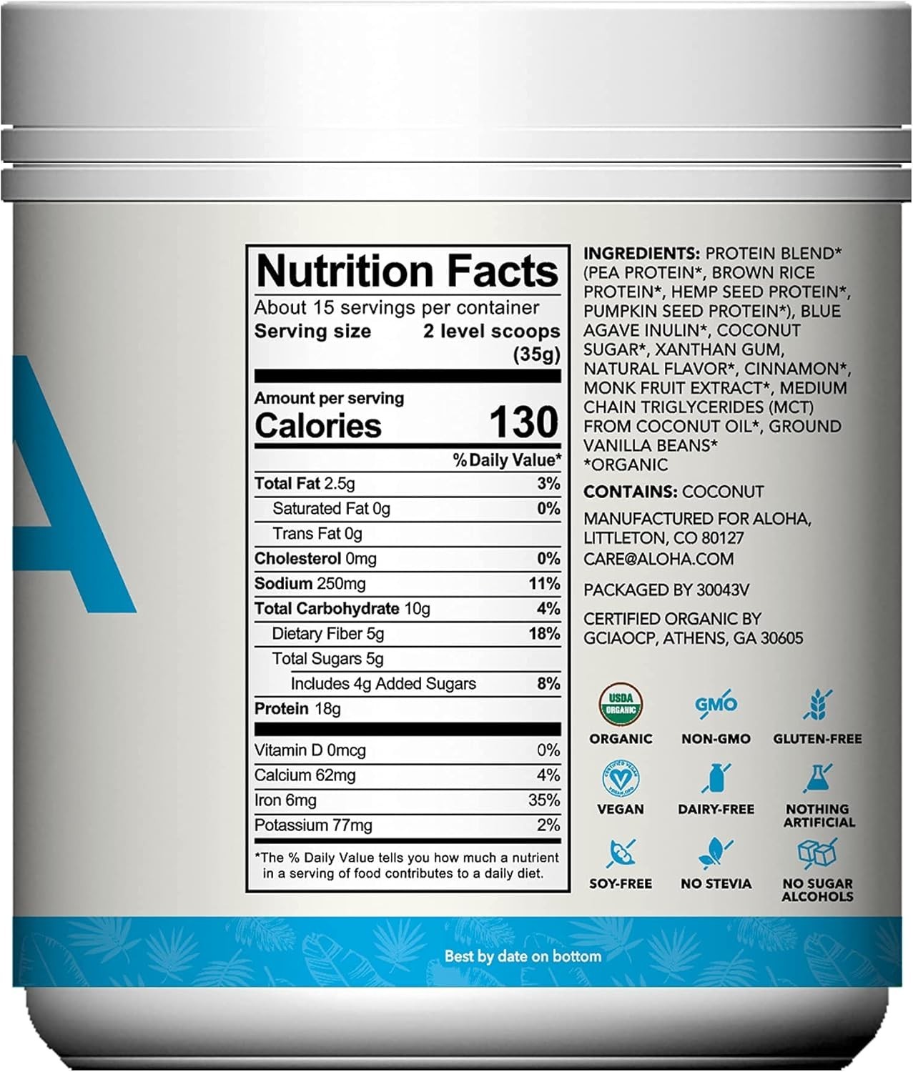 ALOHA Organic Plant Based Protein Powder, Stevia Free, Vanilla, 19.6 oz, 15 Serv