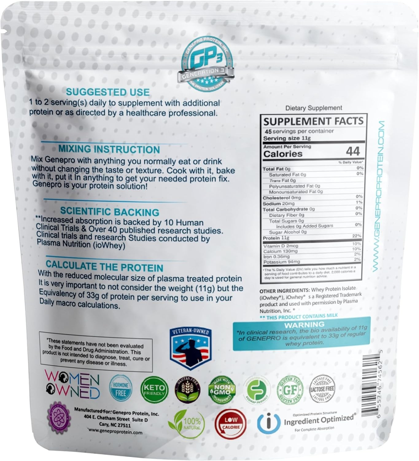 Premium GENEPRO GEN. 3 Unflavored Protein Powder – (4th Generation, 45 Servings)