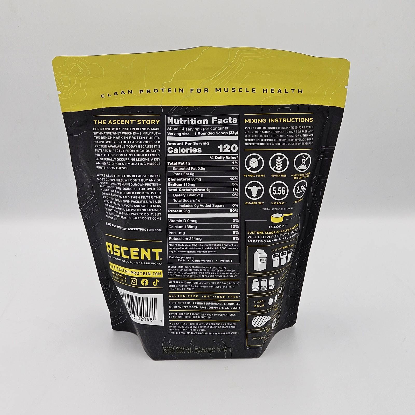 ASCENT Native Fuel 1 Lb 25g Gluten free Low Carb Chocolate Whey Protein Powder