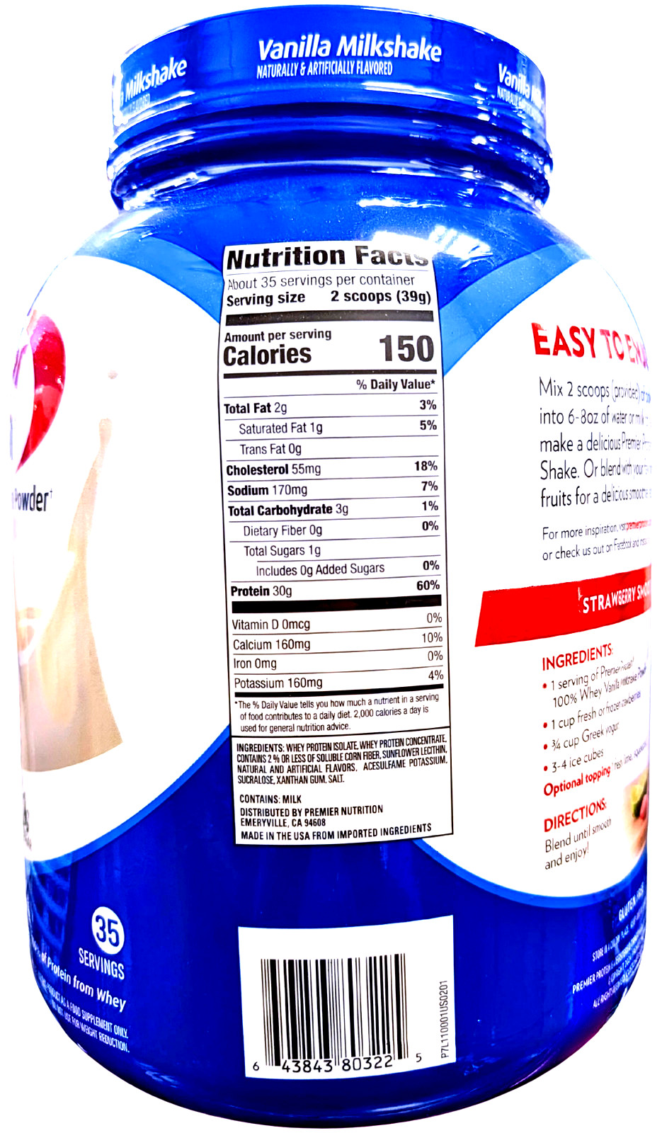 Premier Protein 30g High Protein Powder Vanilla Milkshake 3 lbs. EXP 03/2027