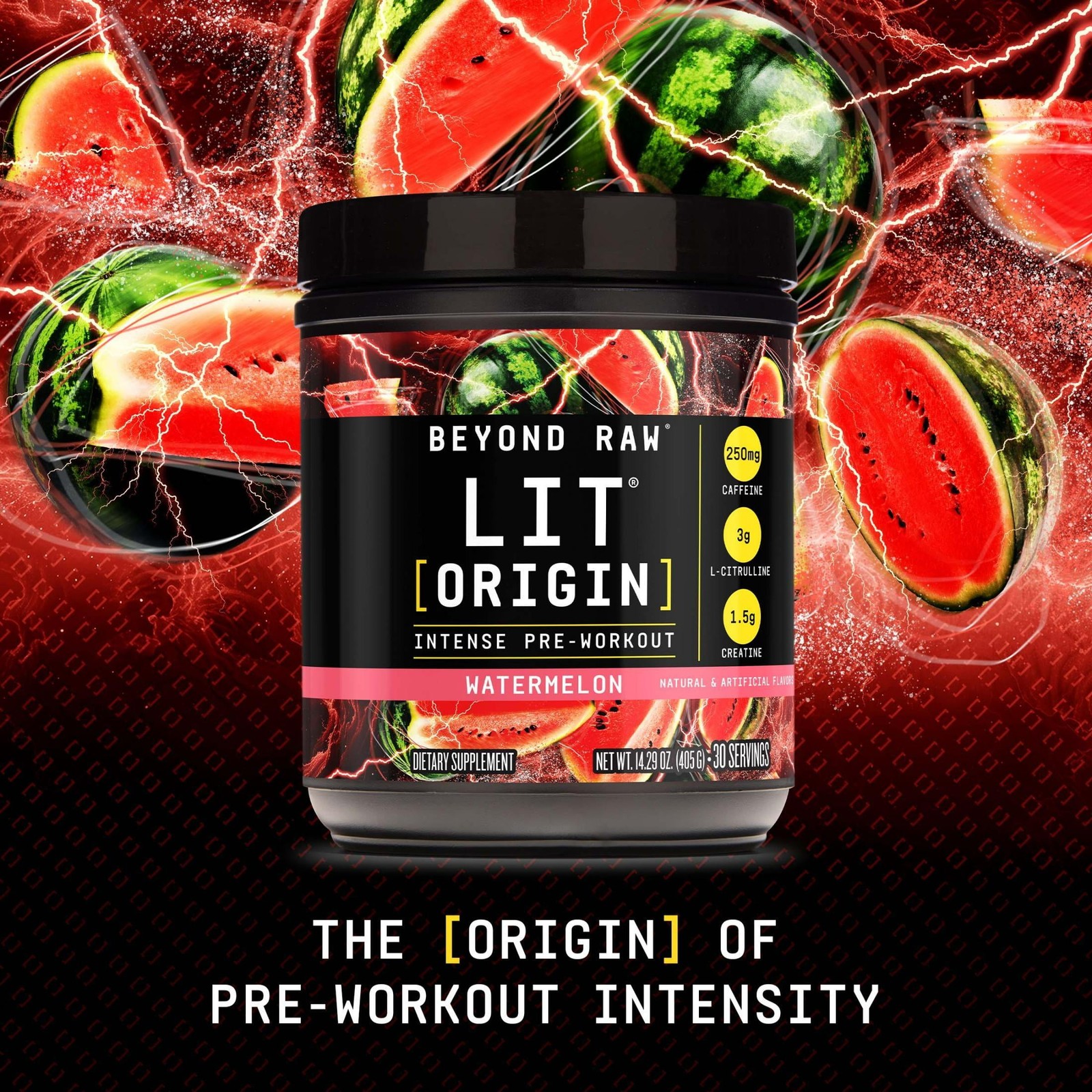 Beyond Raw LIT Origin Pre Workout Powder, Watermelon, for Men & Women