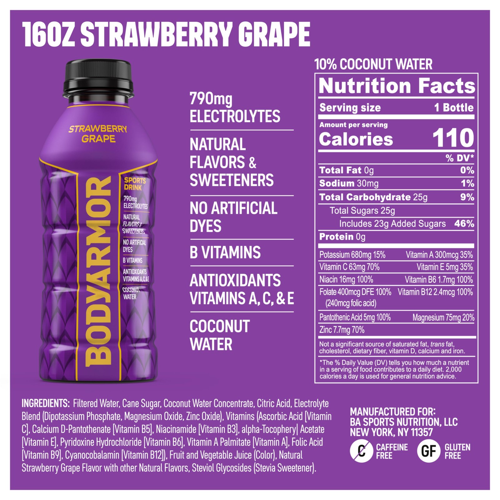 BODYARMOR Sports Drink, Strawberry Grape, Electrolyte Drink Hydration, 16 Fl Oz