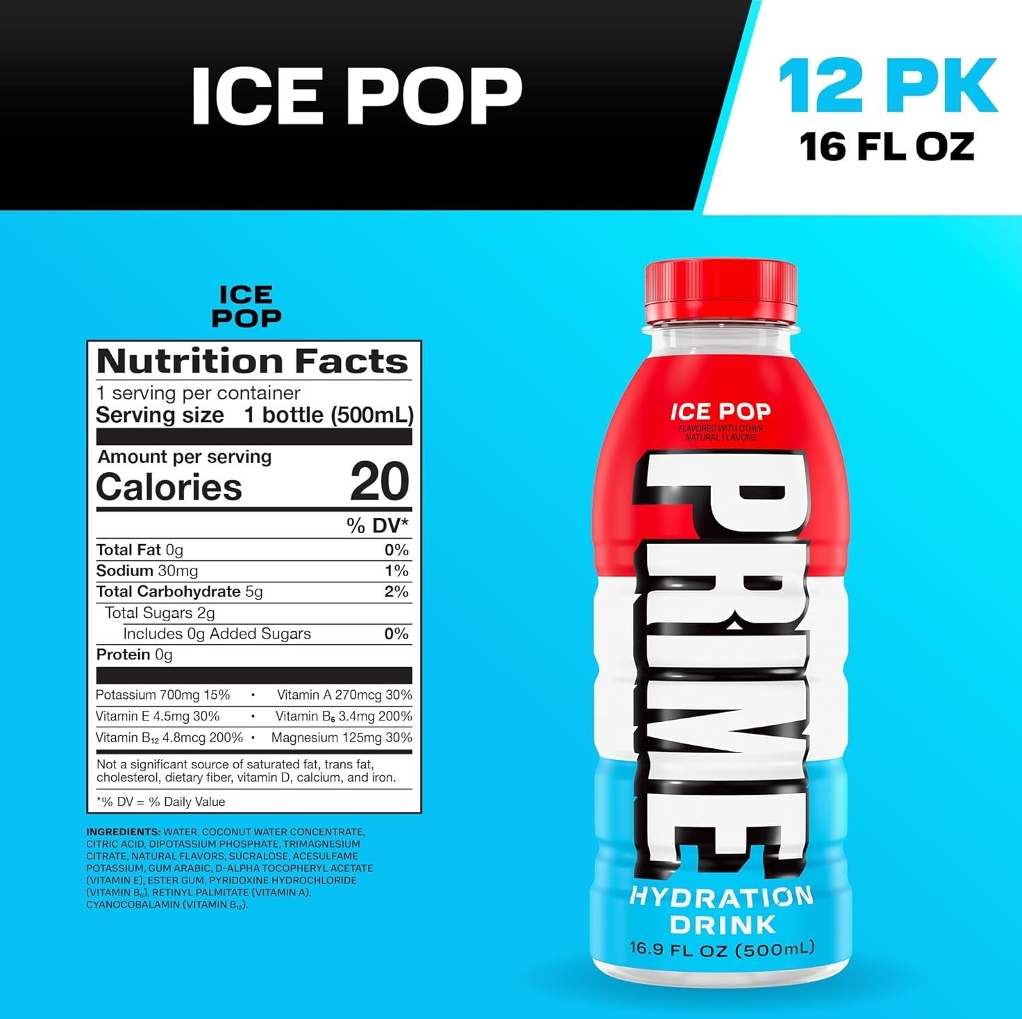 Prime Hydration Ice Pop Electrolyte Drink BCAAs Vitamins 12 Pack 16.9 oz