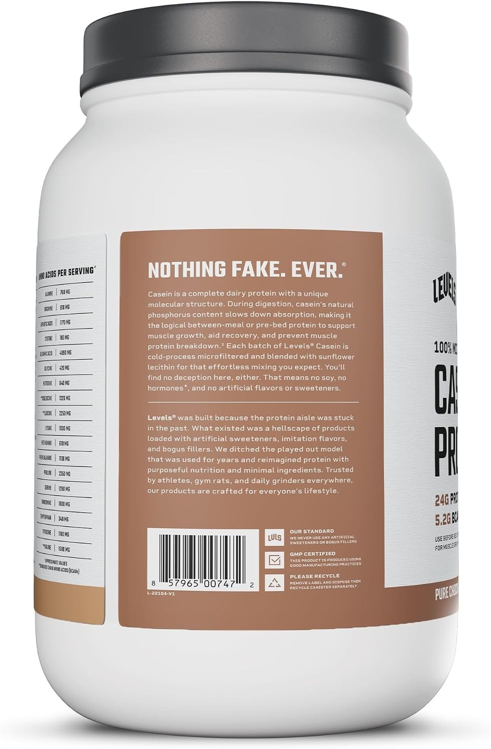 Levels Micellar Casein Protein Powder 2LB Chocolate 24g Protein 5.2g BCAAs