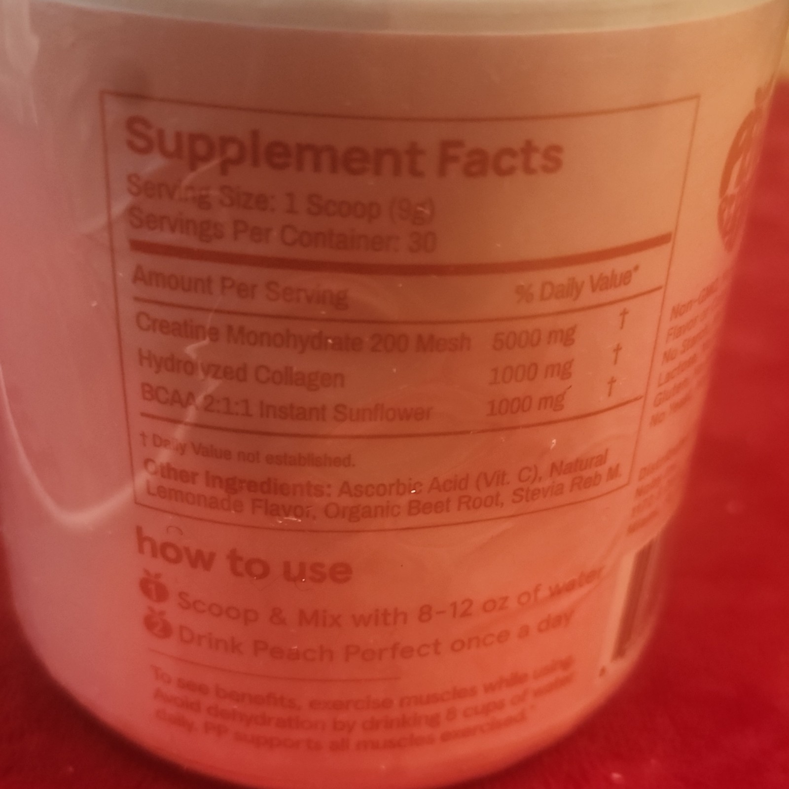 Peach Perfect Creatine Monohydrate Pink Lemonade Powder BCAA 30 Servings