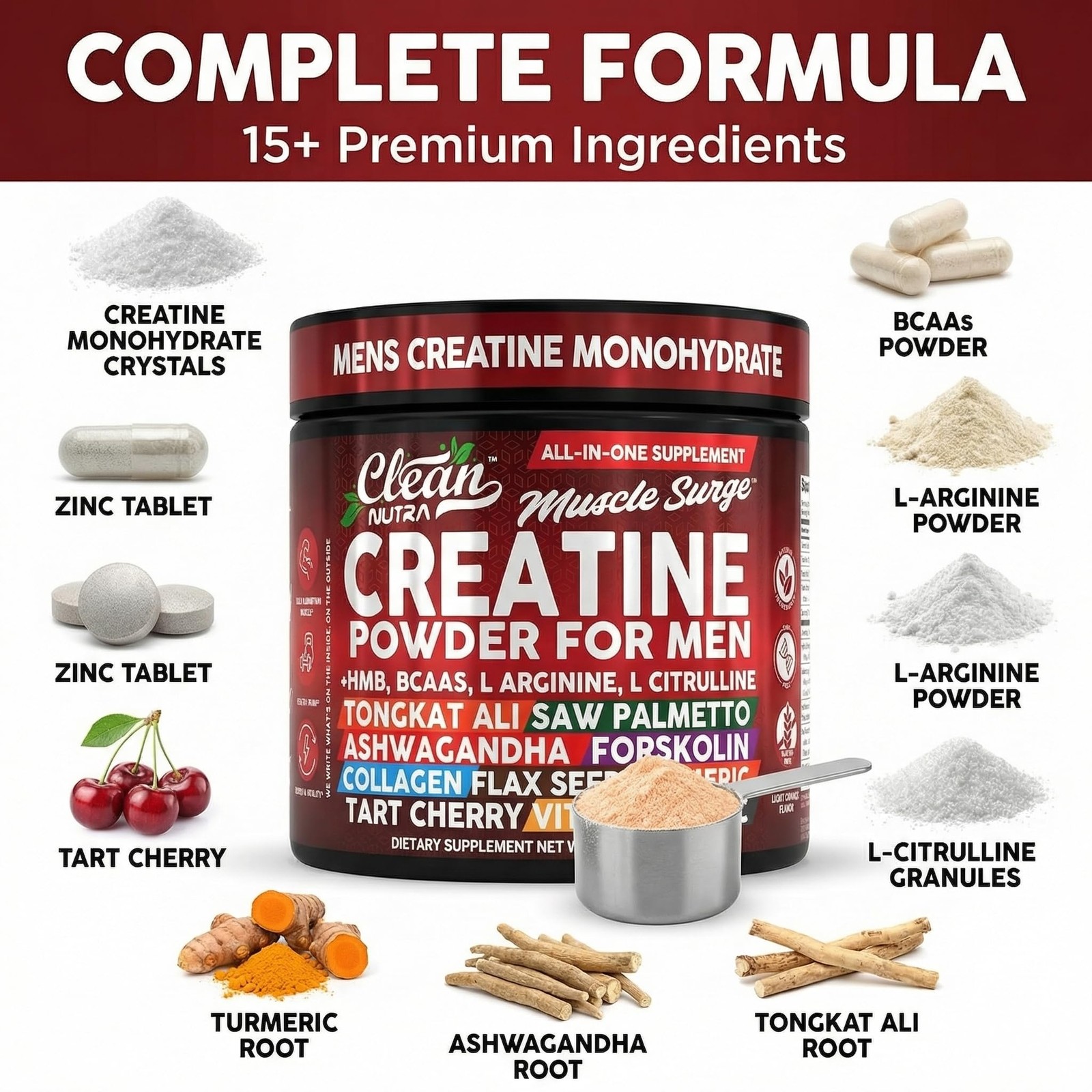 Clean Nutra Creatine Powder for Men + HMB BCAA L 9.87 Ounce (Pack of 1), Red