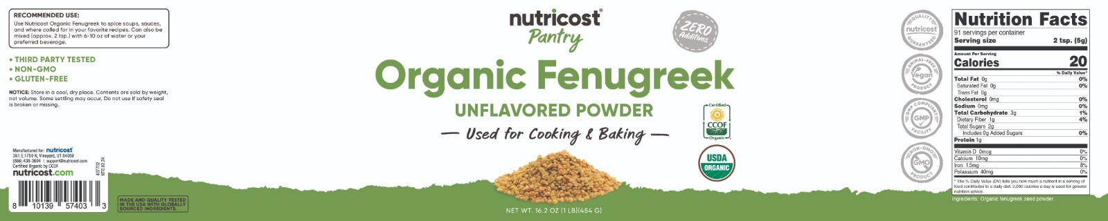 Nutricost Organic Fenugreek Powder – (5G Per Serving) – (91 Servings) – (1LB)