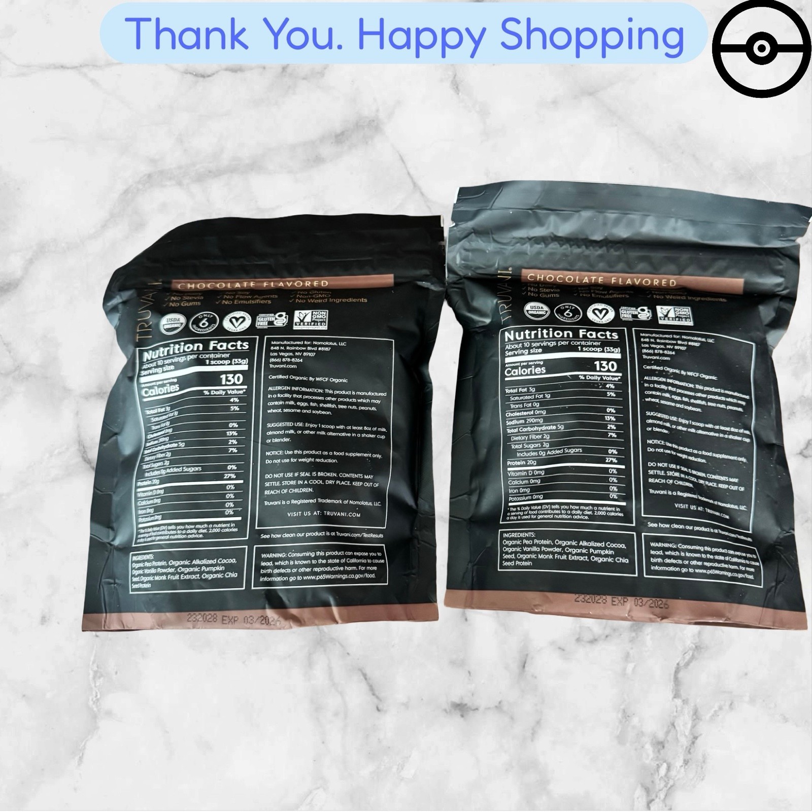 Truvani Vegan Pea Protein Powder | Chocolate 20g Organic Plant Based Prot 2pack