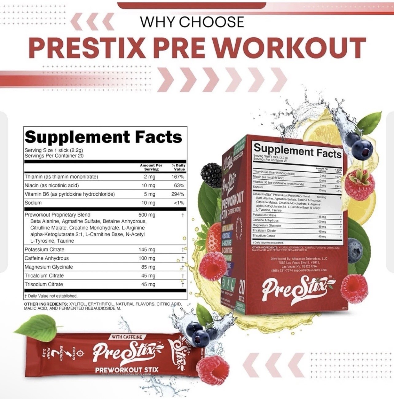 Clean Nutra PreStix Pre Workout 100mg Caffeine Creatine Berry Lemonade 20 Ct