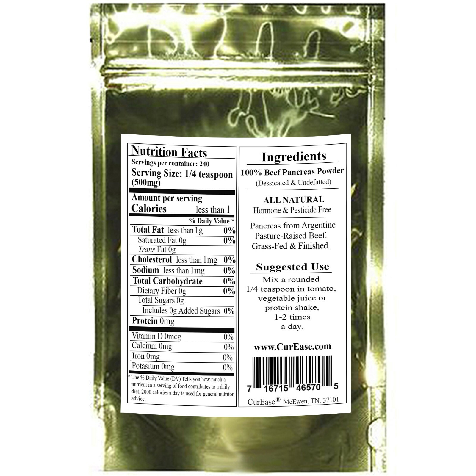 ORGANIC Argentine Desiccated BEEF PANCREAS Powder UNDEFATTED 240 Servings 4.2 oz