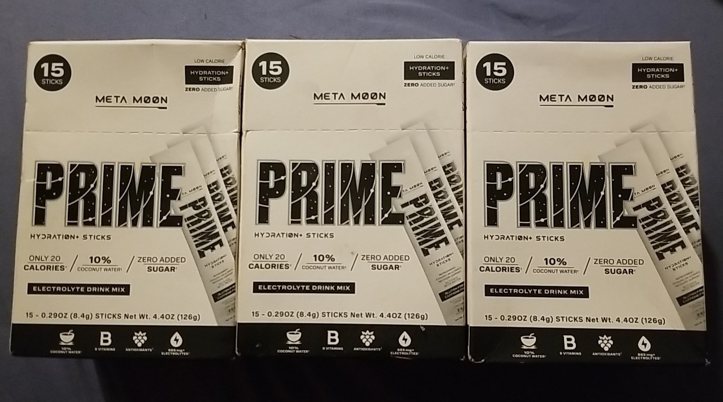 EXP 6/26 – Lot Of 3 NEW Boxes Prime Hydration Sticks Meta Moon 15 Per Box 0.29oz