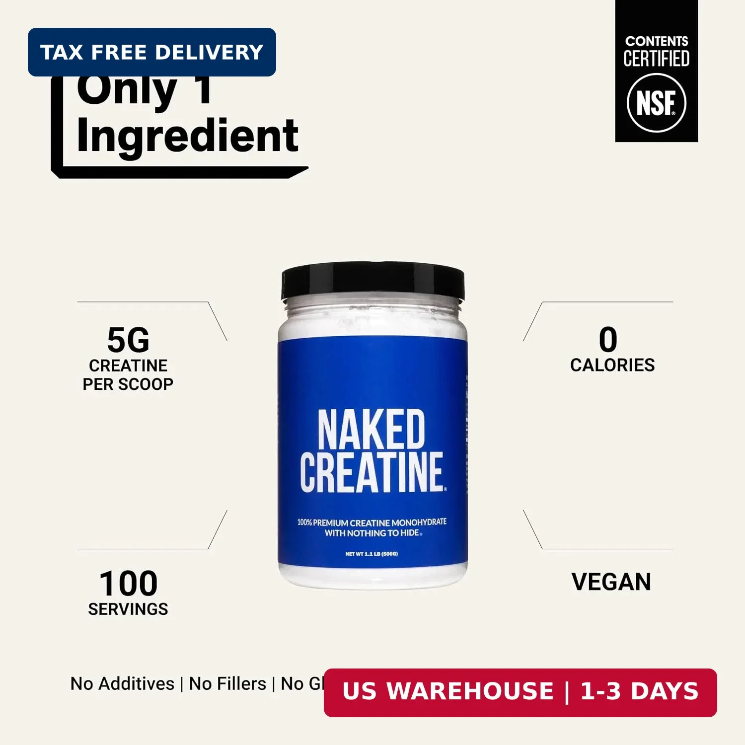 NAKED Pure Micronized Creatine Monohydrate Powder – NSF Certified, Unflavored, 5