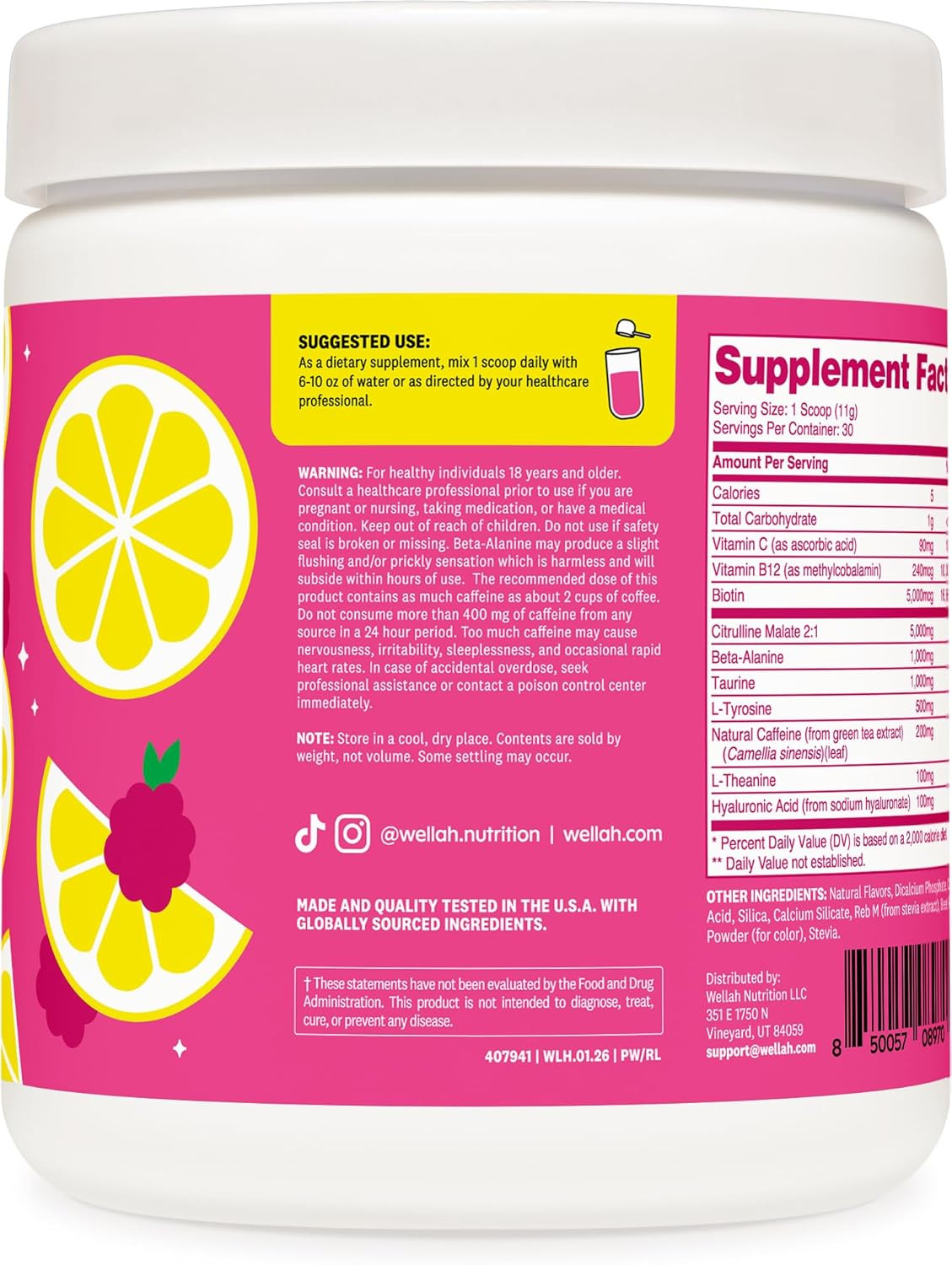 Pre-Workout Drink Mix (Raspberry Lemonade Flavored, 30 Servings) – with Citrulli