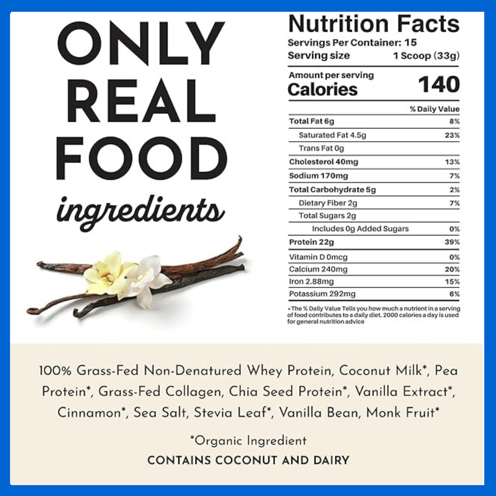 JUST INGREDIENTS Vanilla Protein Powder 15 Servings 22g Grass Fed Whey 2PK