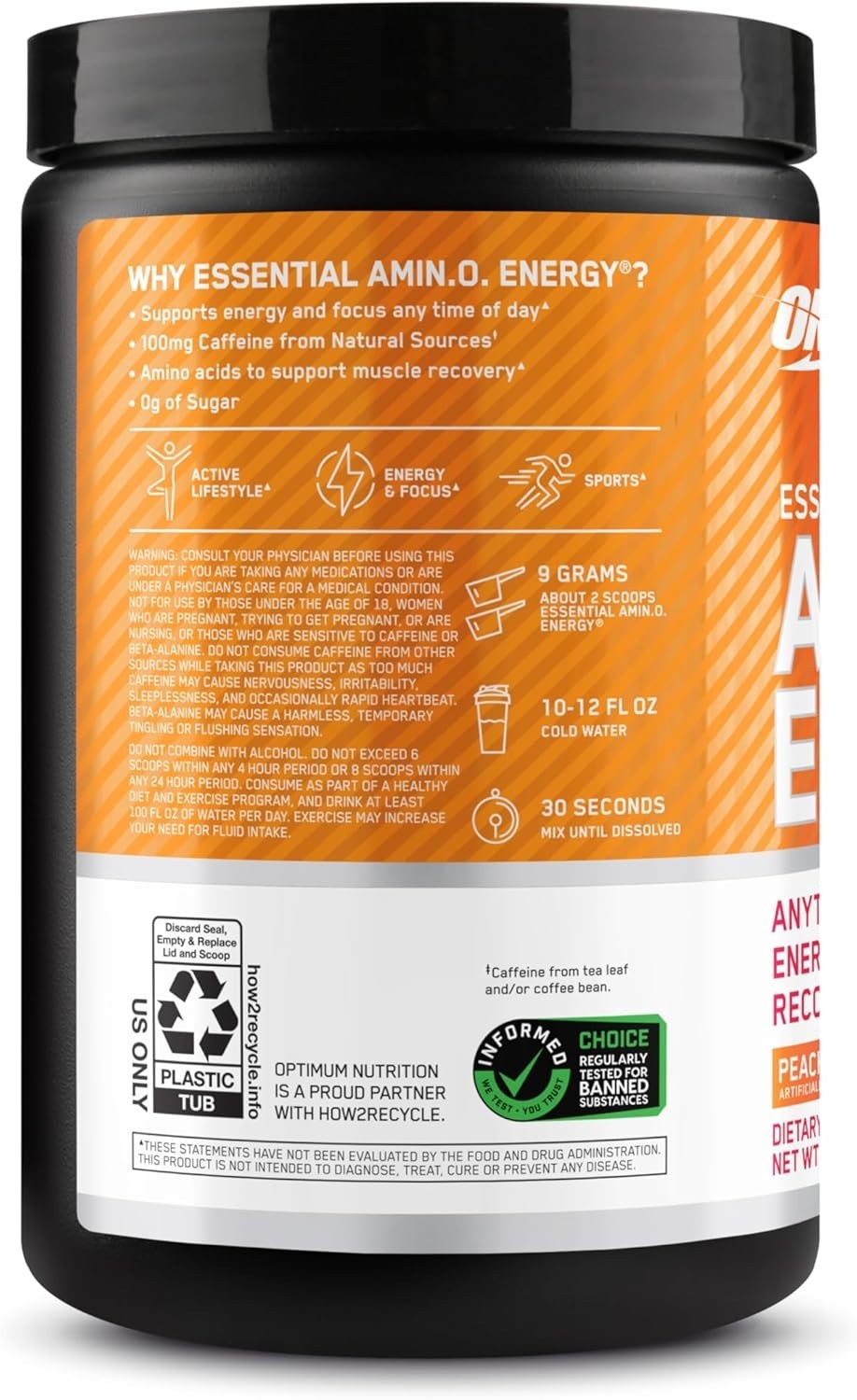 Amino Energy Powder – Peach Mango Tango, 100mg Caffeine per Serving, 30 Servings