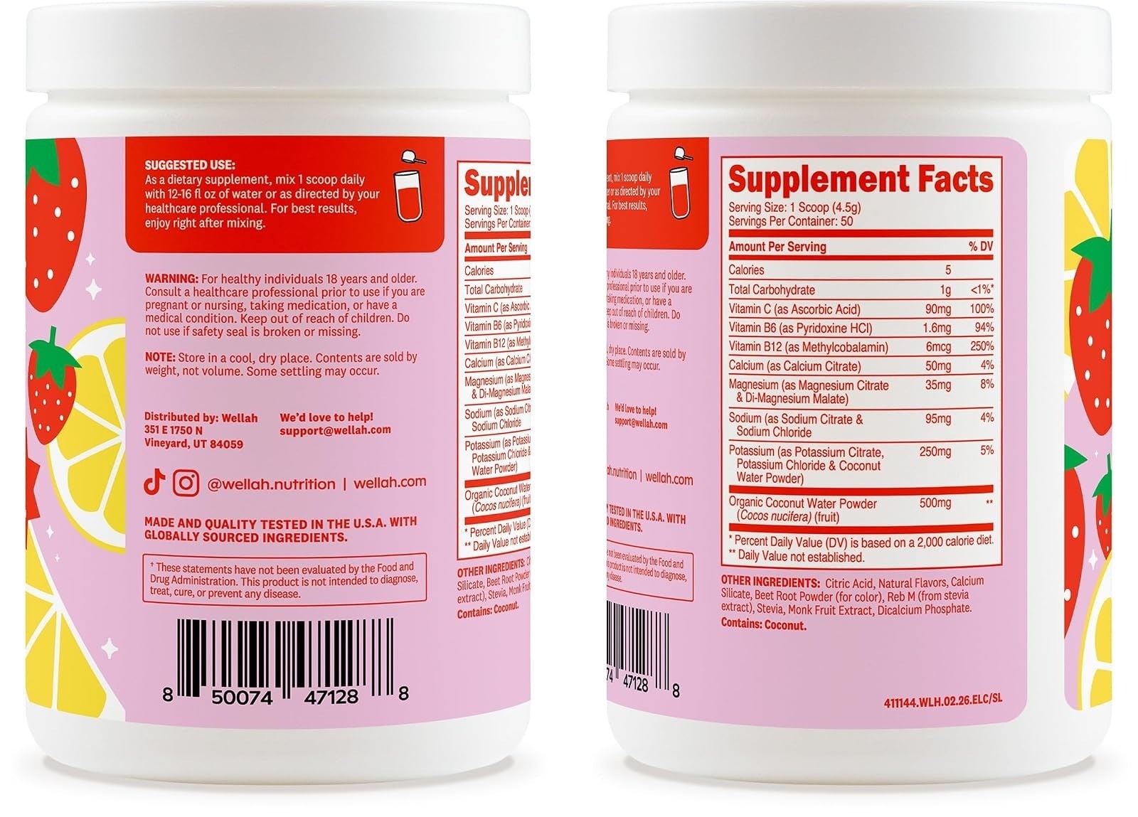 Wellah Electrolytes Powder Strawberry Lemonade 50 Servings Hydration Mix