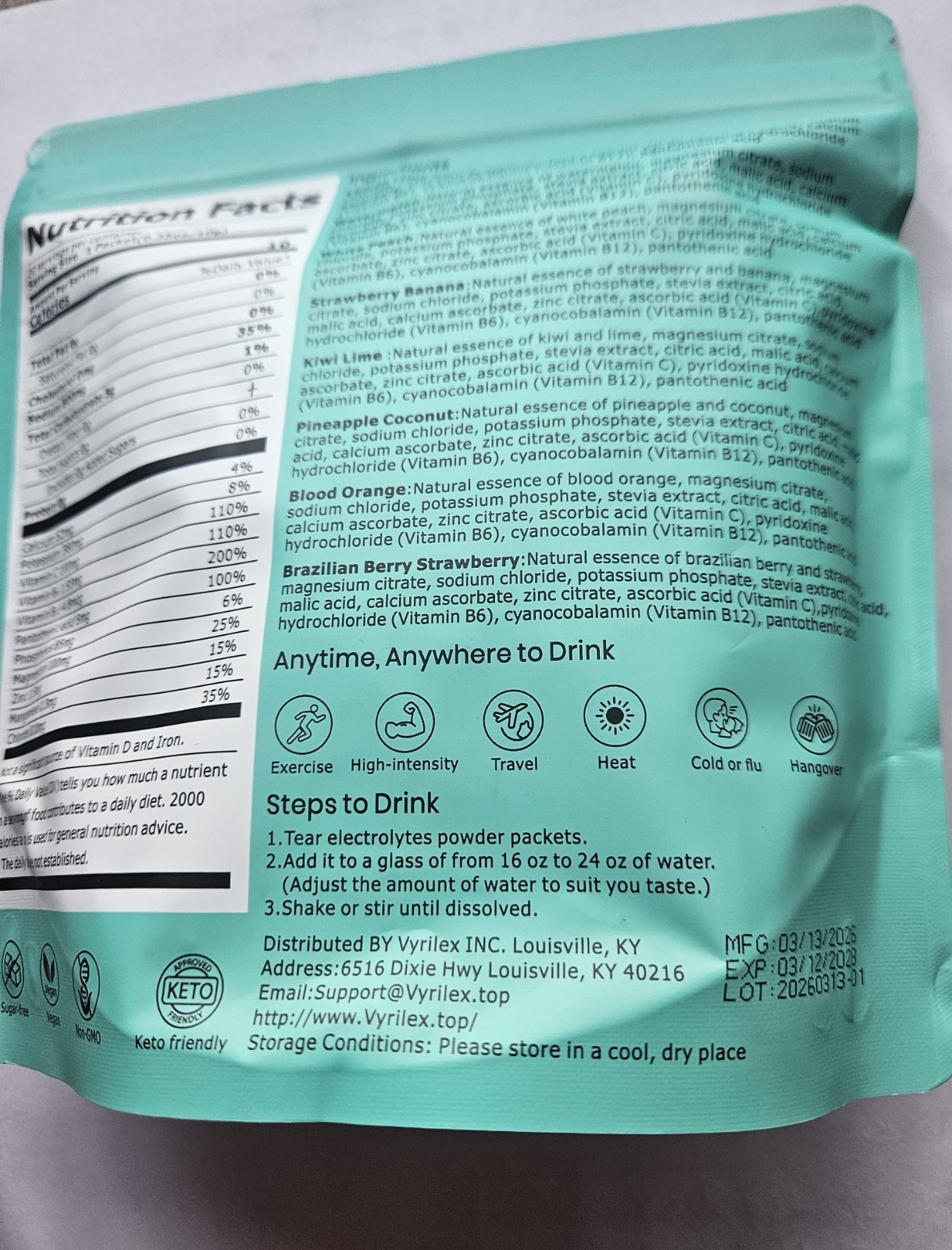 Vyrilex Electrolytes Hydration Powder Drink Mix Sugar-Free Keto Variety 20 ct
