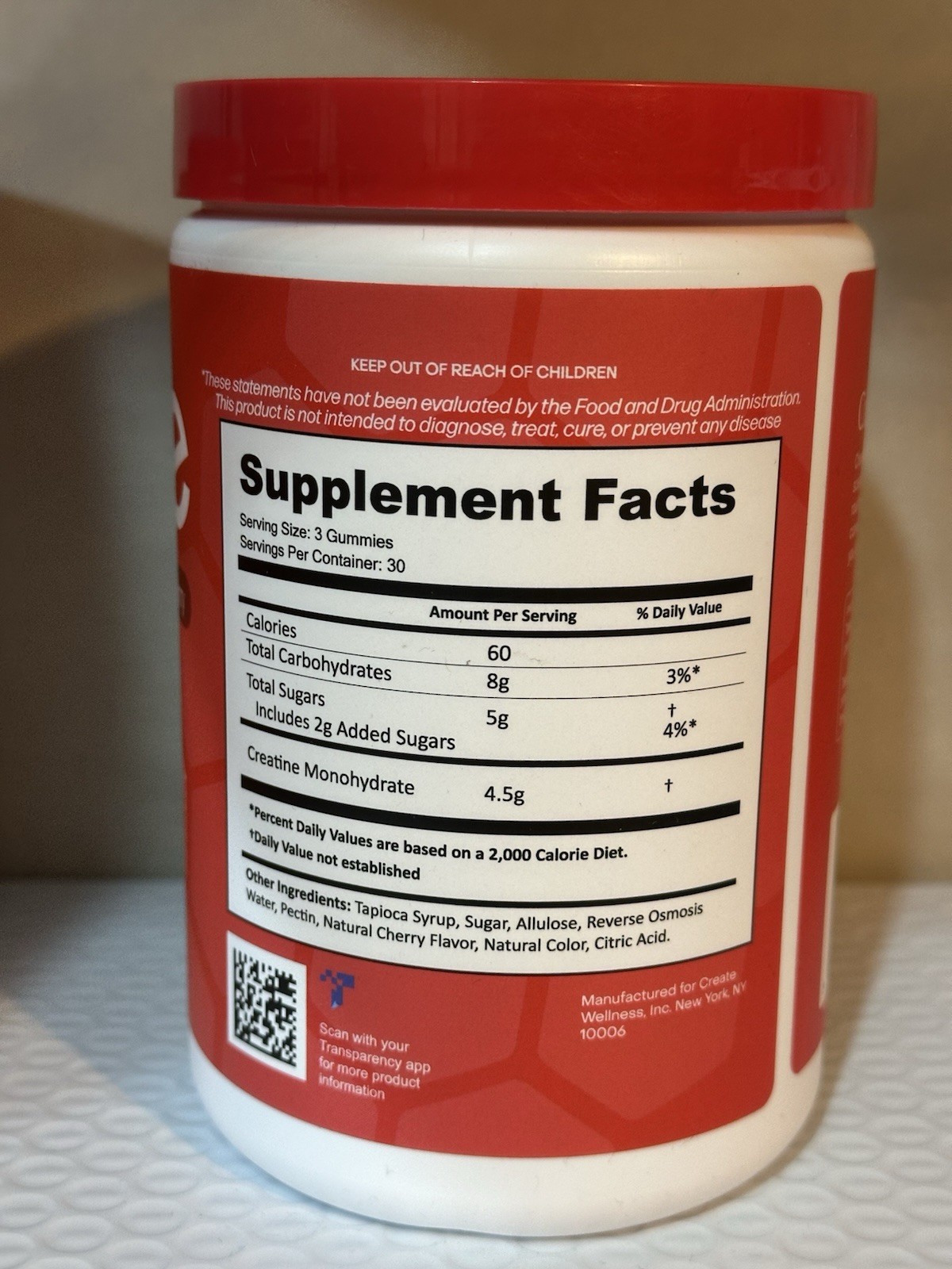 4x Create Wellness Creatine Gummies 90 Each Container Sour Cherry 4 Pack