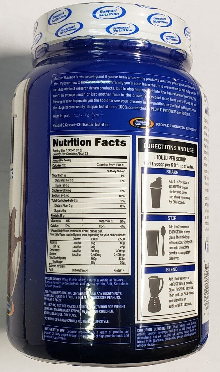 Gaspari Nutrition – ISOFUSION – 1.6 lbs – Milk Chocolate – 23 Servs – Ex 12/2024