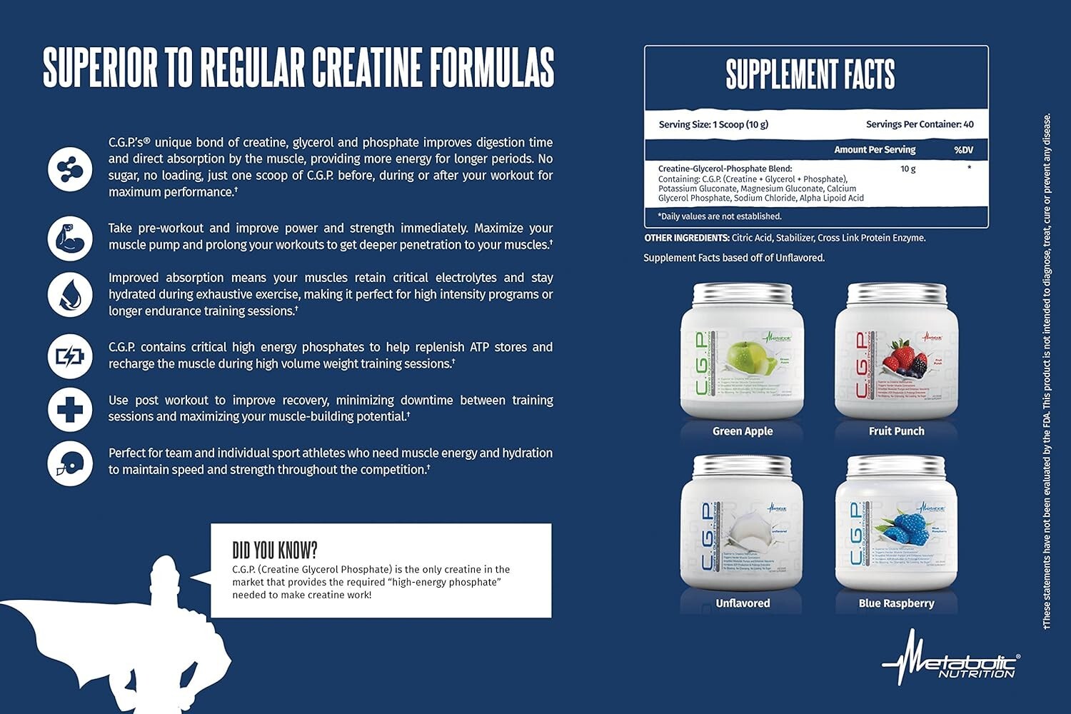 Metabolic Nutrition CPG Creatine Glycerol Phosphate 400 Grams Fruit Punch 40 Svg