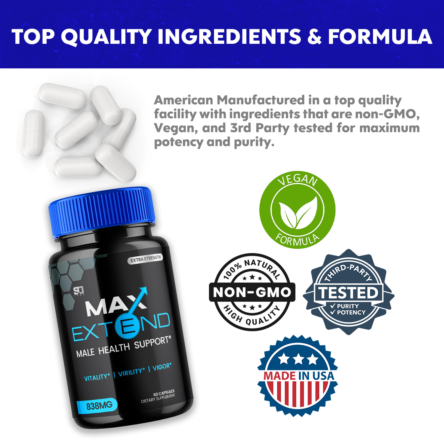 Max Extend Male Health Support Pills to Boost Vitality Virility Vigor 1 Pack
