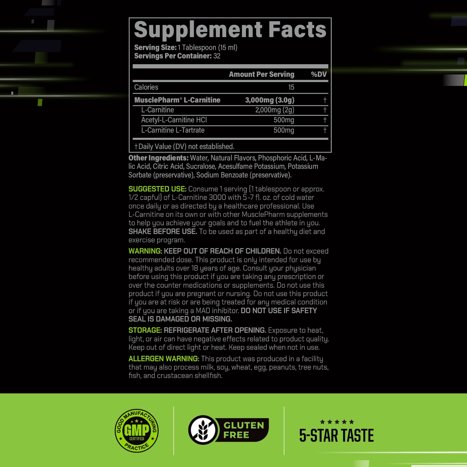 MusclePharm High Performance Liquid L-Carnitine 3000 Peach Nectarine 32 Servings