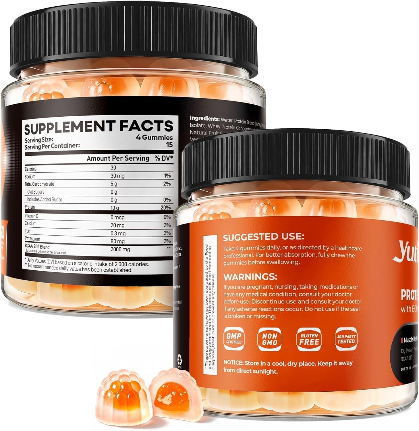 Yutiny Whey Protein Gummies 10g Protein BCAA 2:1:1 – Sugar Free Orange 120 Count