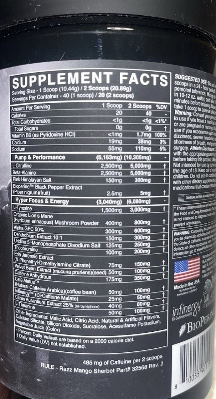 BlackMarket Rule Hyper Focus Preworkout 30 Servings Razz Mango Sherbet