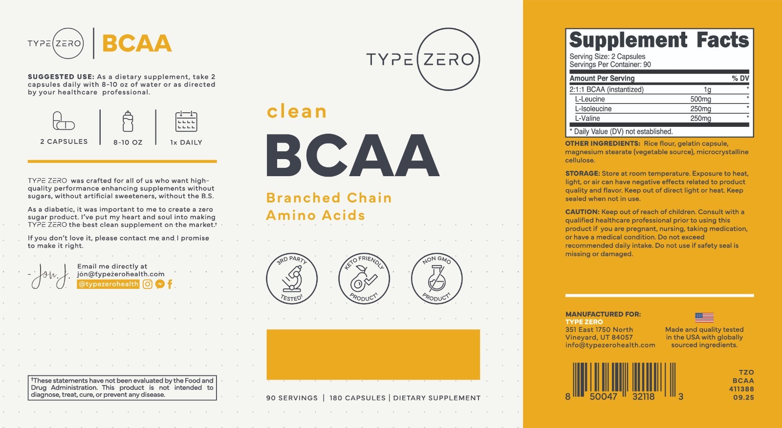Type Zero BCAA 1000mg (180 Capsules, 90 Servings)