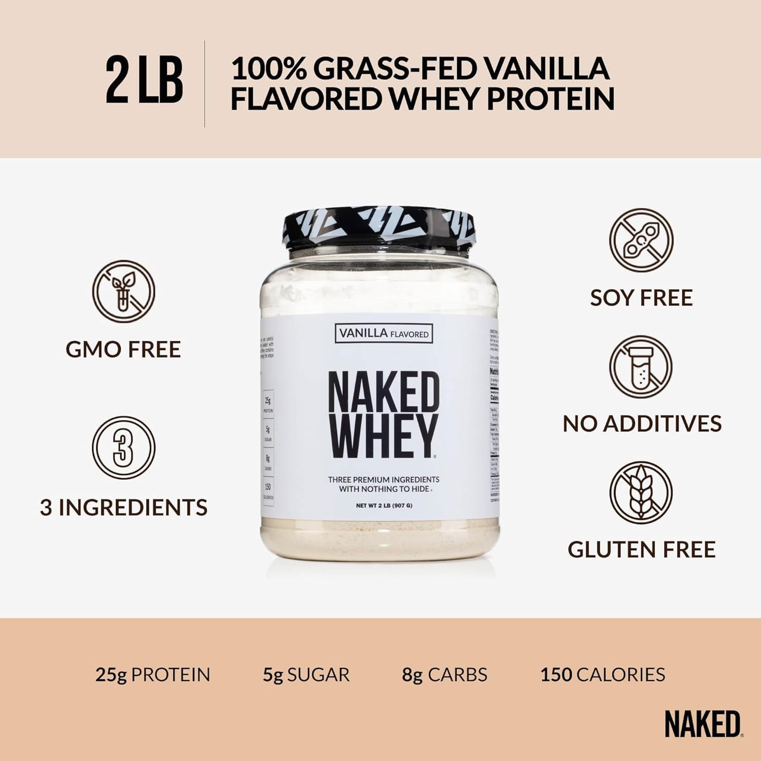 NAKED Whey Vanilla Protein Powder – Only 3 Ingredients – 2 Pound (Pack of 1)