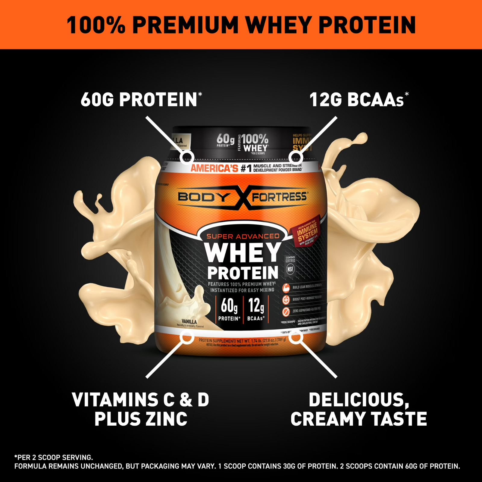Body Fortress Super Advanced Whey Protein Powder Vanilla 1.74 lbs 60g ProteinNew