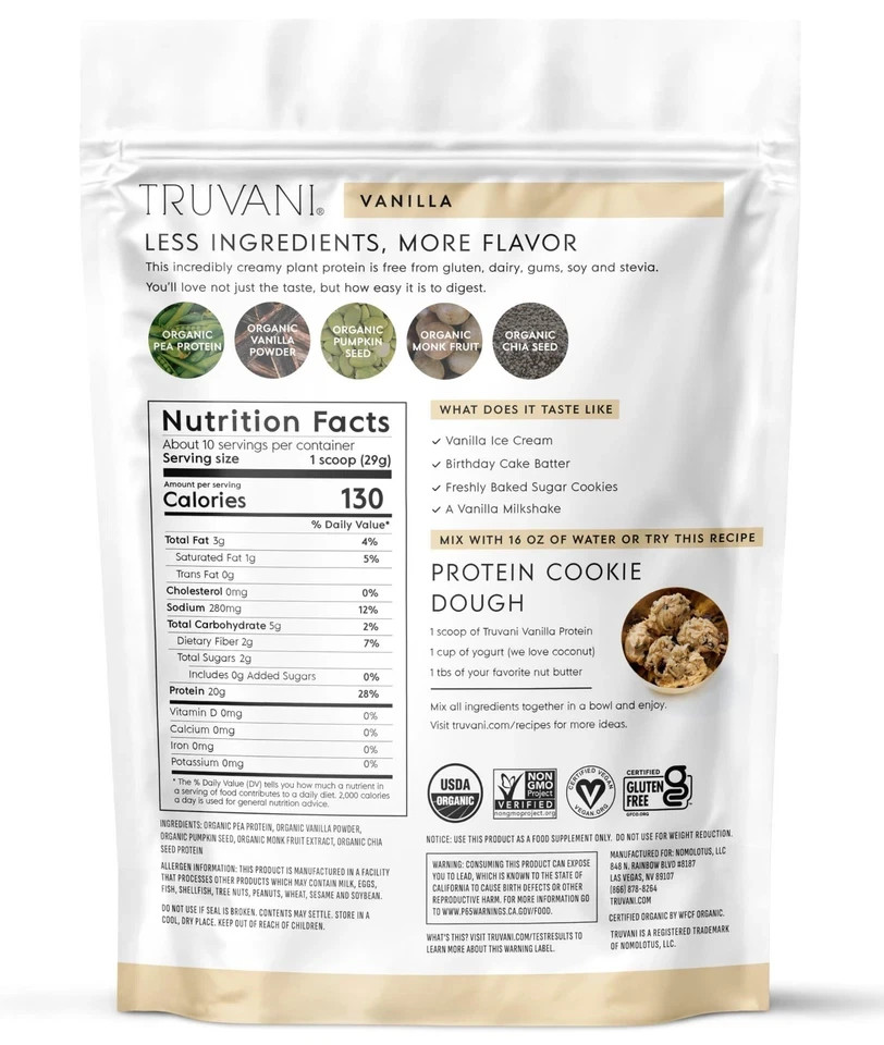 Truvani Vegan Pea Protein Powder Vanilla 20g Organic Plant Based Serving Keto