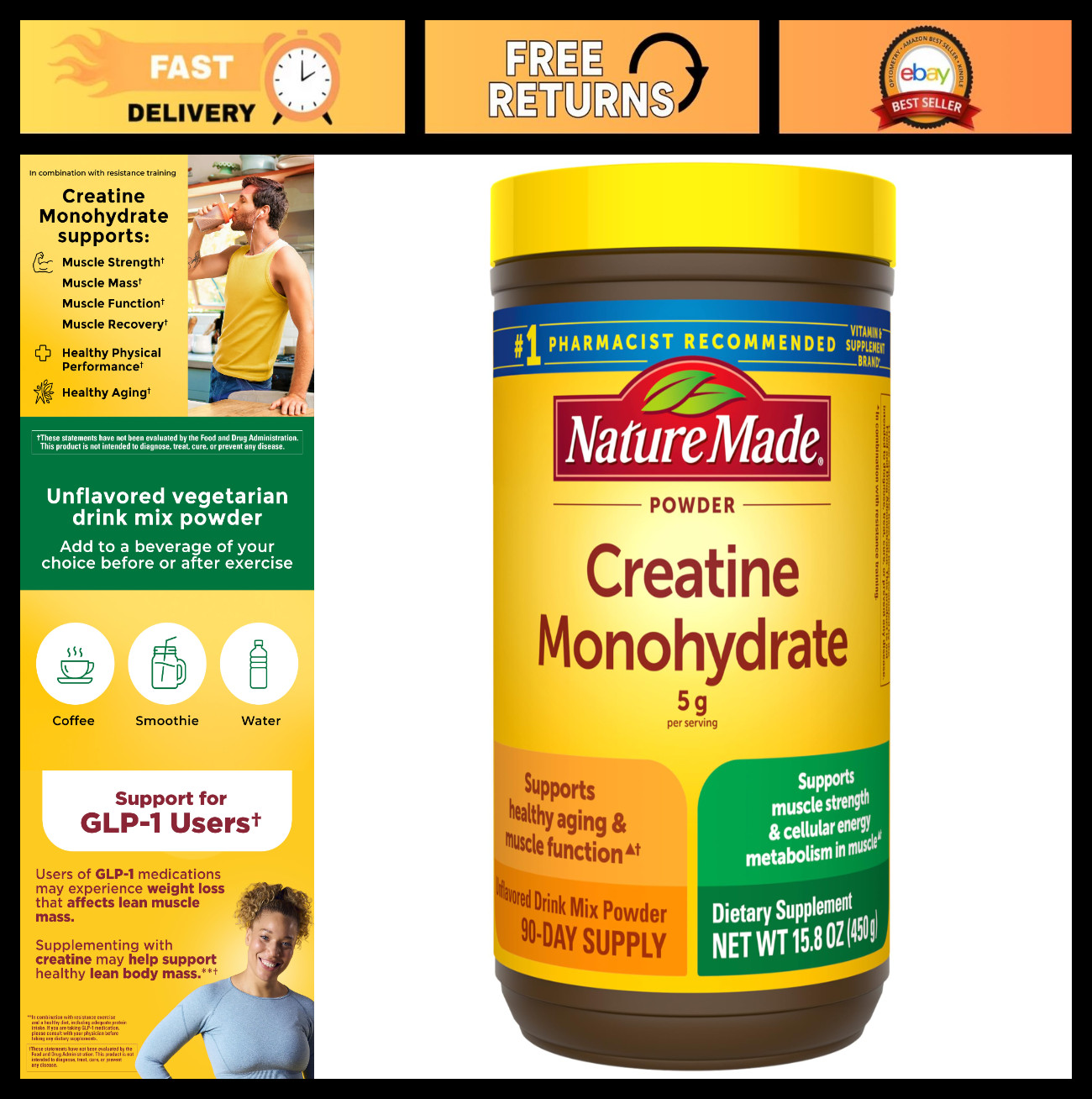 Micronized Creatine Monohydrate Powder 5g Serving, Unflavored, Muscle Support, 4