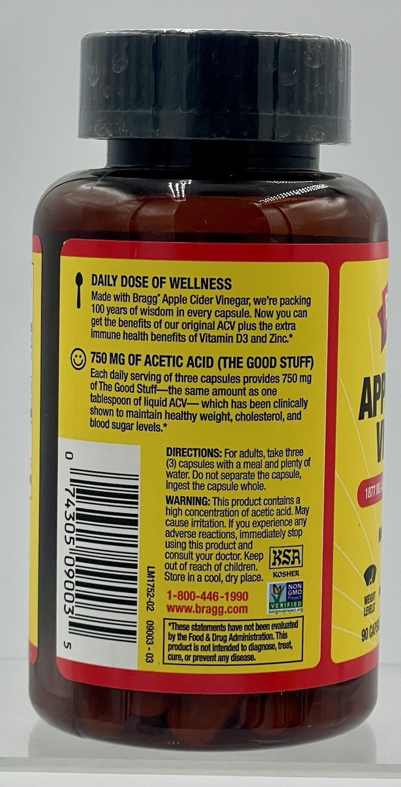 Lot of 3 Bragg Apple Cider Vinegar 90 Capsules Each Dietary Supplement EXP 03/27
