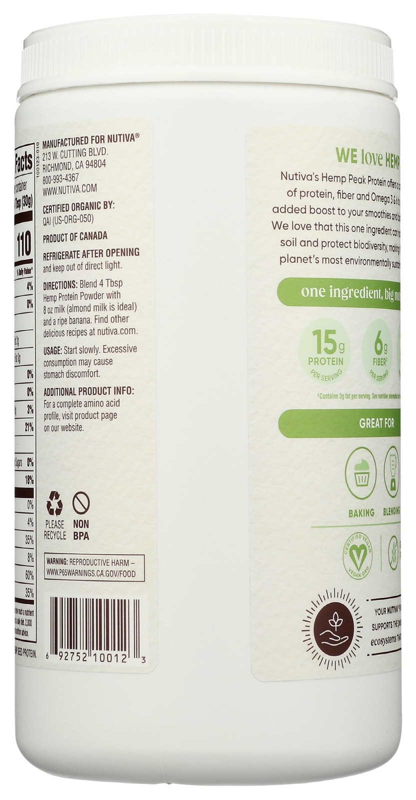 Nutiva Organic Cold Processed Hemp Seed Protein Powder 15g Protein 15 Servings
