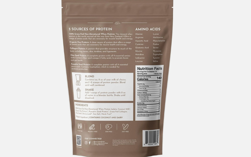 Just Ingredients Chocolate Protein Powder, 24g Protein, Grass-Fed Whey