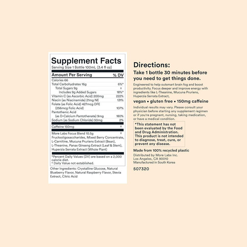 More Labs Liquid Focus, Nootropic Smart Drink with 3.4 Fl Oz (Pack of 12)