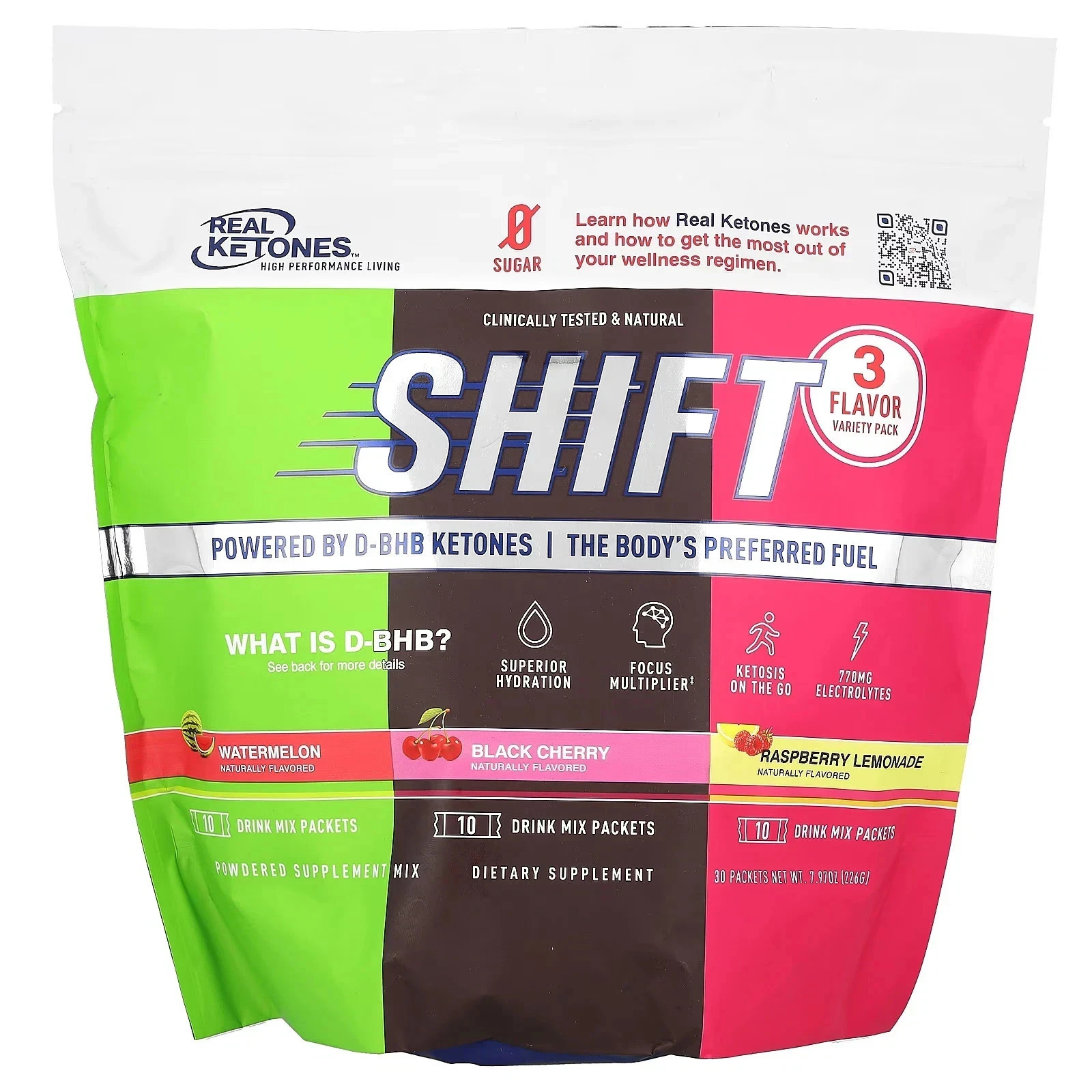 4 x Real Ketones SHIFT Variety Pack, 3 Flavors, 120 Days Supply Packets, Exp 28
