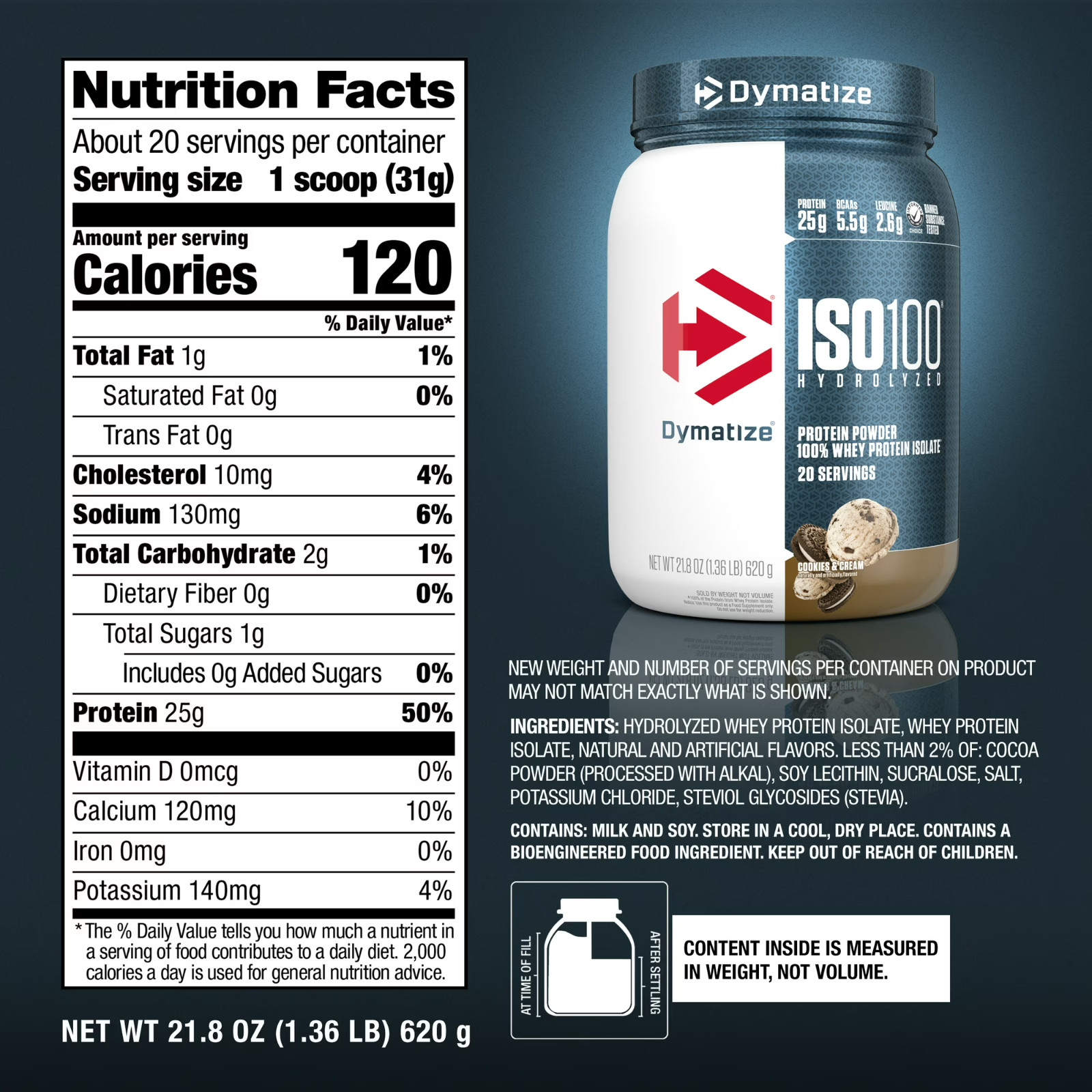 Dymatize ISO100 Hydrolyzed Whey Isolate Cookies and Cream 20 Servings Powder New