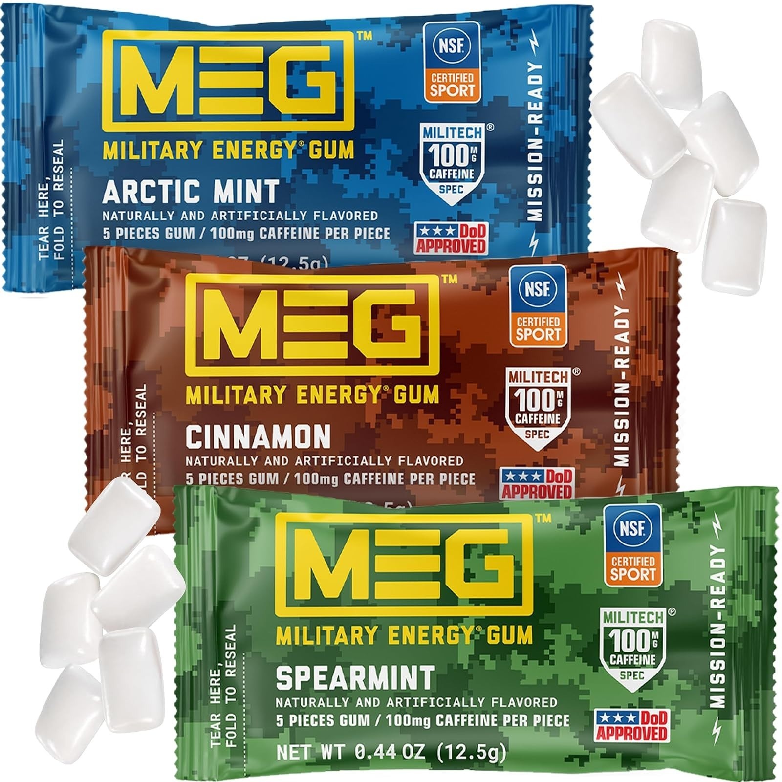 MEG Military Energy Gum – Spearmint | 100mg Caffeine – 20 Count